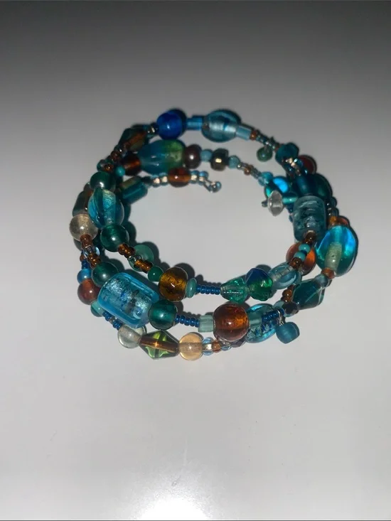 Blue Glass Beaded Wrap Bracelet - Multi Blue & Amber