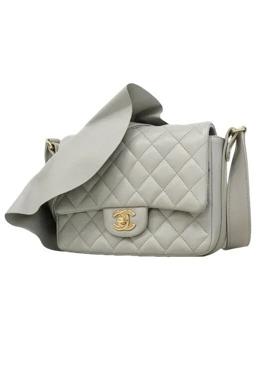 Chanel Shoulder Bag Quilted Lambskin Gray Champagne Gold