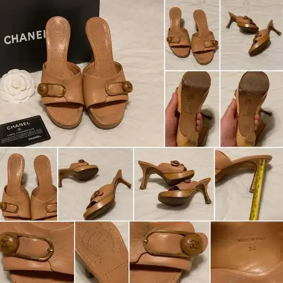 Chanel Vintage Tan Leather Wooden Platform Mules with CC Buckle Heels Size 34