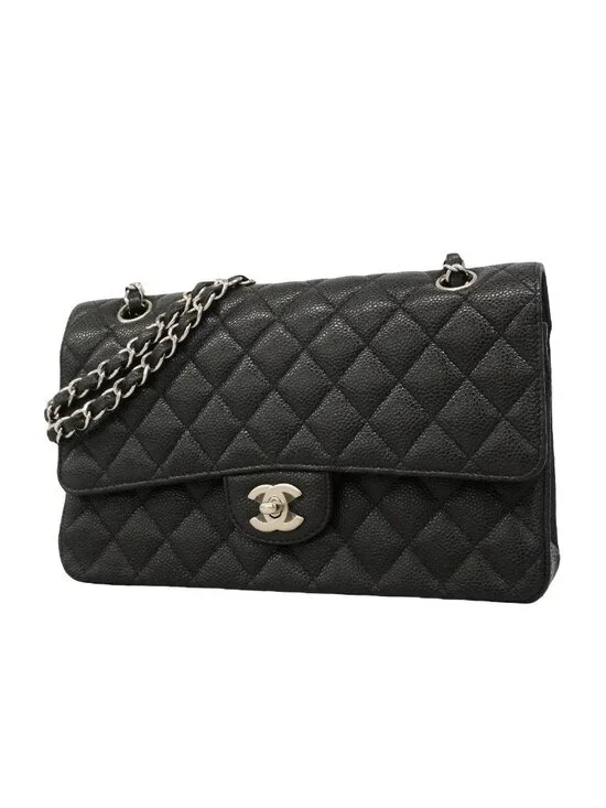 Chanel Shoulder Bag Quilted Caviar Leather Black Silver