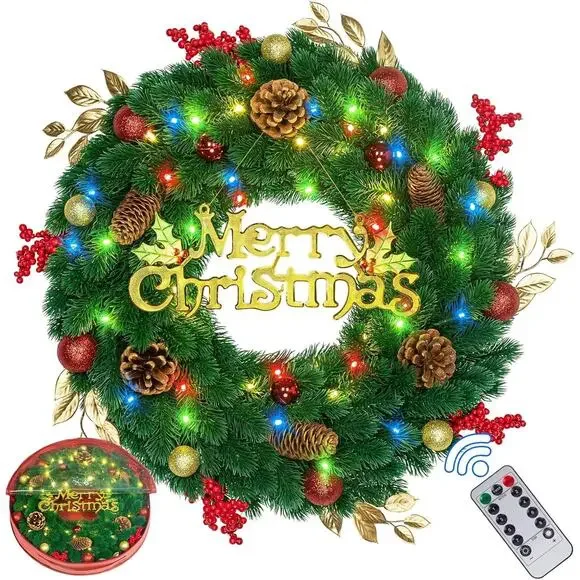 24 Inch Pre-Lit Artificial Christmas Wreath‎ 45 LED Lights Battery Remote Timer