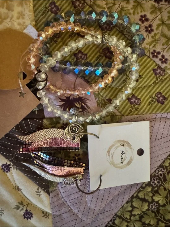 3-Piece Women's Beaded Bracelet Set in Champagne, Clear and Iridescent Blue