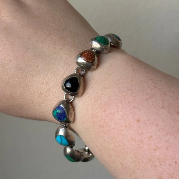 Vintage Taxco Sterling Silver 925 Mexico Multi Color Stone Link Bracelet
