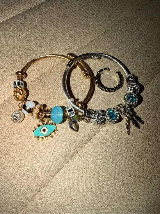 Gold & Silver Beaded Charm Bracelets with Turquoise Accents ( 2 ) bracelet