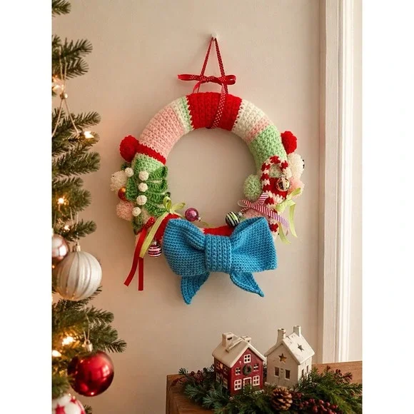 Vtg‎ Handmade Crocheted Christmas Wreath Wall Hanging 13