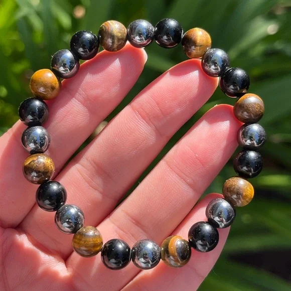 8mm stretchable tiger eye, black obsidian,‎ hematite bracelet 0334