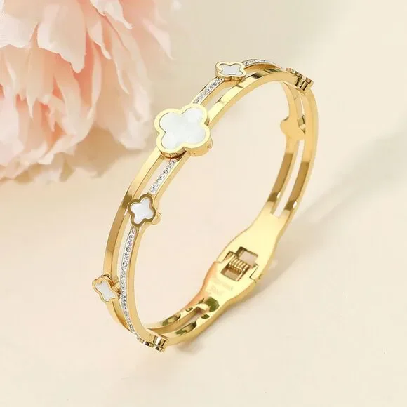 White Gold Metal Split Mother Of Pearl CZ Quatrefoil Clover Bracelet Bangle