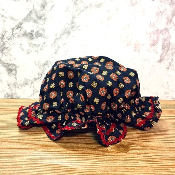 Vintage Children’s Navy Blue and Red Floral Pioneer Prairie Bonnet Hat