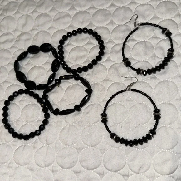 Women Black beads earring and bracelet set bundle beaded casual matching silver