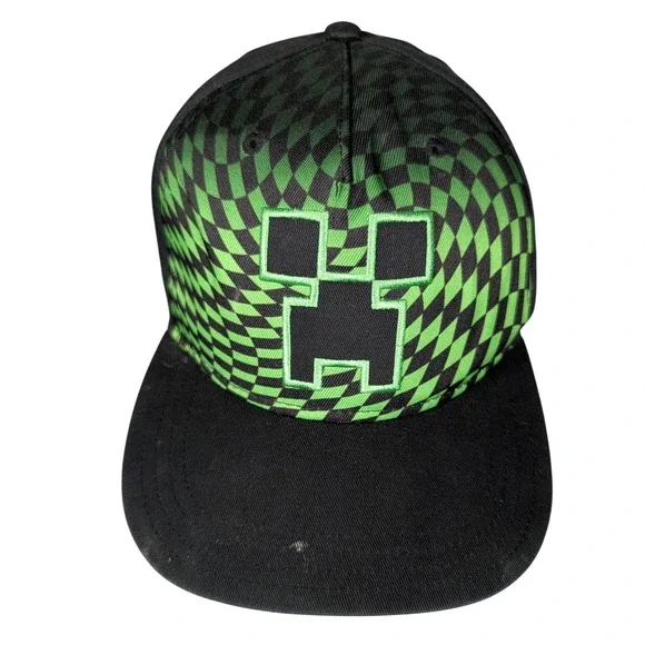 Minecraft Creeper Snapback Hat Kids Green‎ Black Checkered Embroidered Cap OSFM