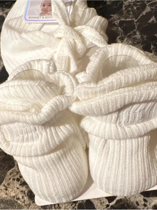 Ivory Knit Baby Bonnet and Booties Set