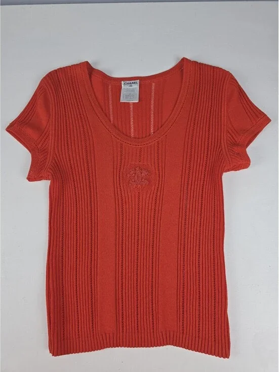 Vintage Chanel Monogram CC Knit Short Sleeve Ribbed Top Red Size 46 MINT