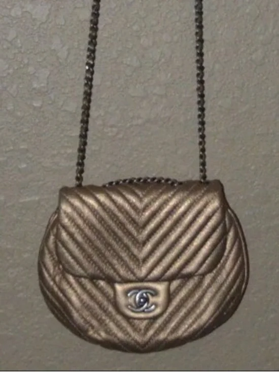 Chanel Bronze Leather Mini Chevron Messenger Shoulder Crossbody Handbag