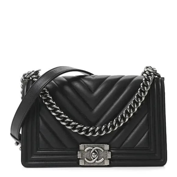 Chanel Medium Boy Flap Bag Black Chevron Quilted Calfskin Ruthenium Hardware