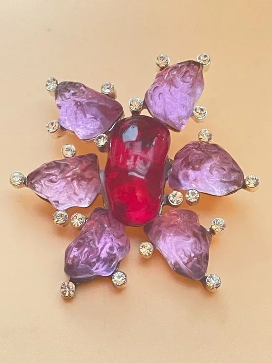 Vtg Cecile & Jeanne Poured Glass Brooch Pendant Gripoix Style W/ Pink Glass & Rh