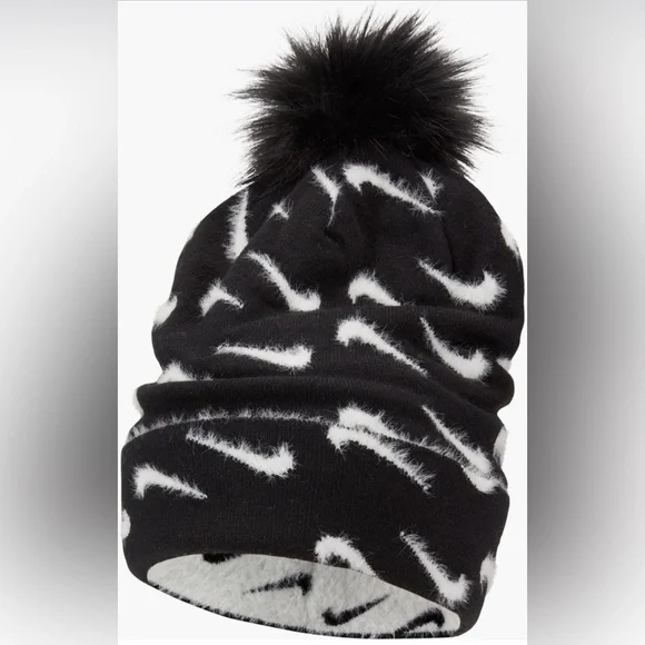 Nike Boys Faux Fir Pom Pom Beanie in Black and White