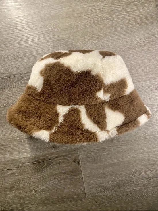 Vintage Brown & Cream Faux Fur Cow Print Bucket Hat