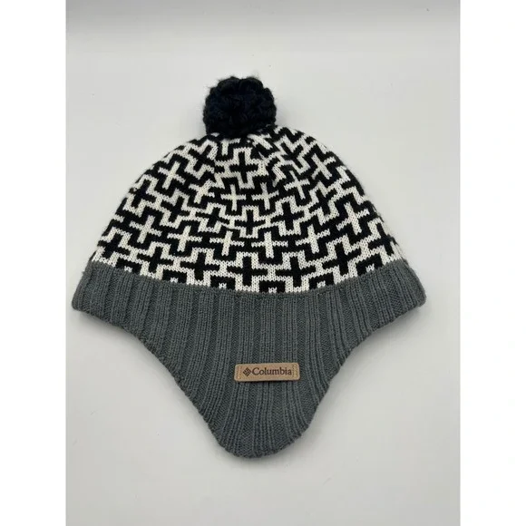 Columbia Youth Omni-Heat Beanie Earflap Hat Black White‎ Grey Geometric  Beanie