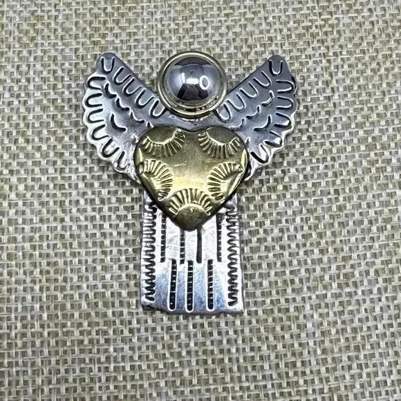 Vintage 925 Sterling Silver and Brass Angel Heart Brooch and Pendant 9 grams