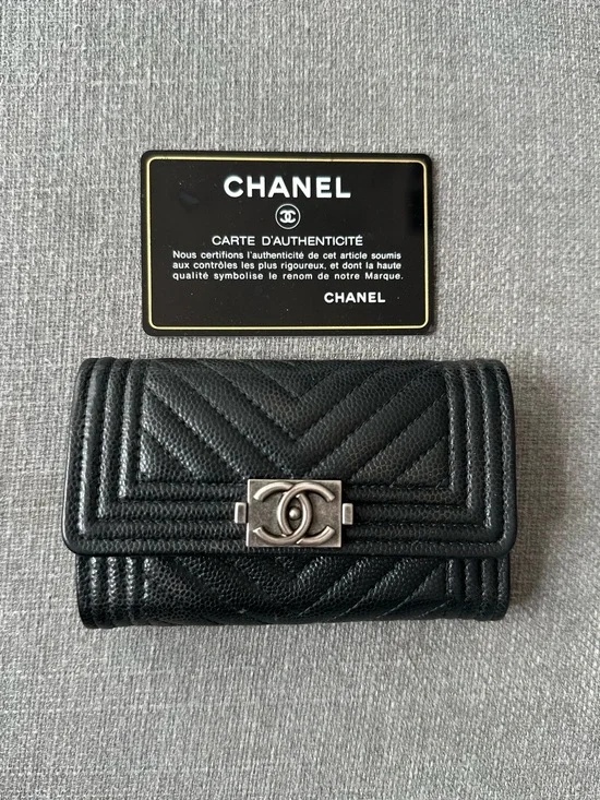 Chanel Black Caviar Chevron Compact Wallet