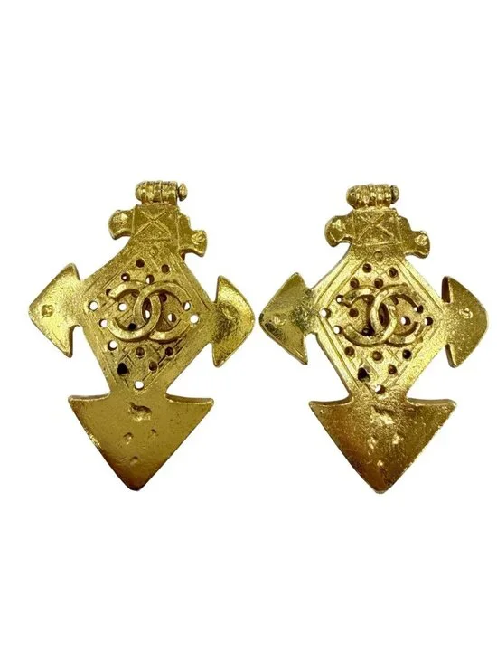 Chanel Vintage Metal CC Logo Cross Motif Earrings Gold
