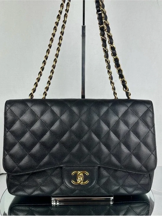 Chanel Jumbo Black Quilted Caviar Single Flap Shoulder Bag