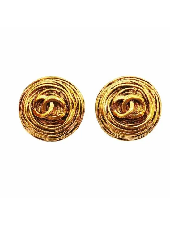 Chanel Earrings Vintage CC Logo Round Circle Gold Plated