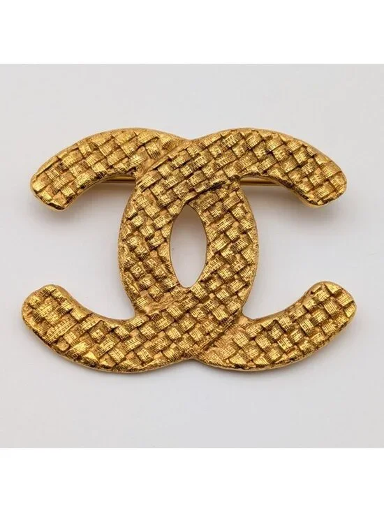 Chanel Brooch CC Logo Mesh Braided Pattern Gold 29 Vintage
