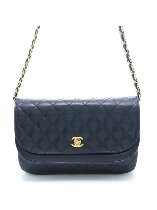 Chanel Quilted Half Moon Double Flap Chain Shoulder Navy Bag Lambskin