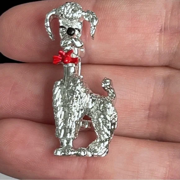 vintage silver tone poodle pin brooch red bow pin‎ back 1.5 inches