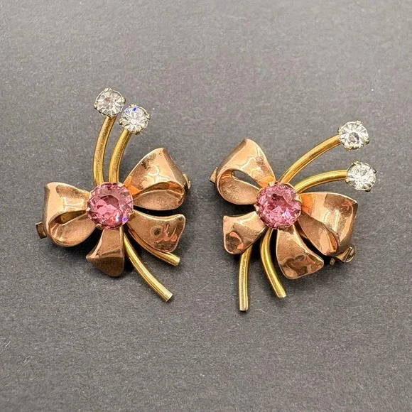 Vintage Van Dell Pink Bow Floral Rhinestone Brooch 1/20‎ 12K GF Gold Tone Set 2