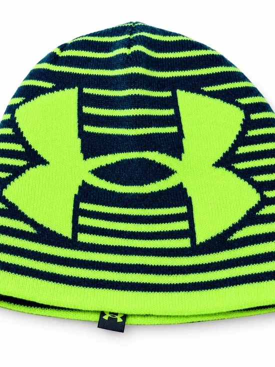 Under Armour Kids Neon Green & Navy Striped Logo Beanie