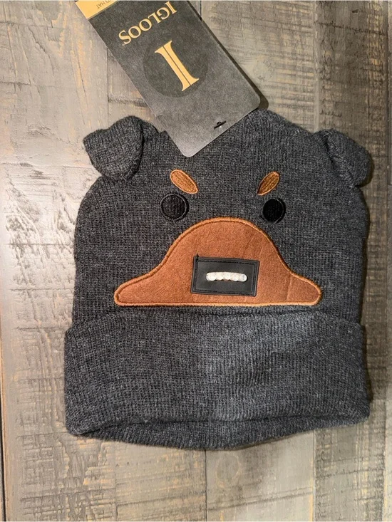 NWT Igloo‎ Kids Dark Gray Bear Beanie with Brown Patch lights up LED