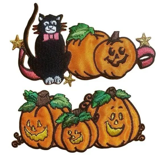 Vintage Halloween iron on patches 90s jack o lantern black cat pumpkins patch