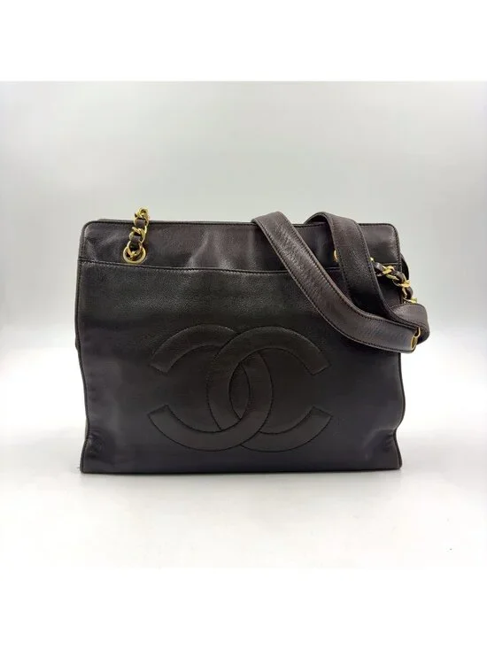 Chanel CC Logo Chain Lambskin Dark Brown Tote Bag Gold