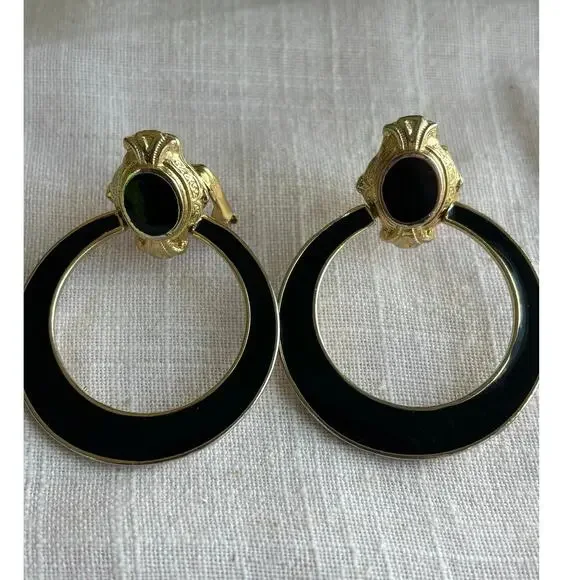 1980's Vintage Gold-Tone Black Enamel Hoop Large Door Knockers Clip On Earrings
