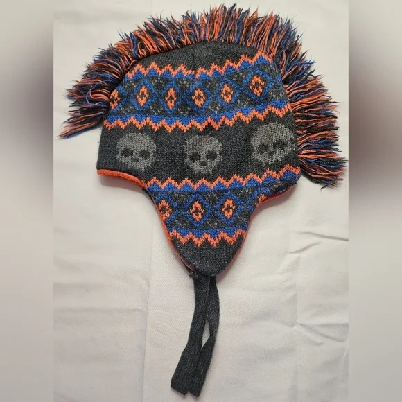 Unbranded Boys Gray, Blue And Orange Skull Mohawked Winter Hat With Ear Flaps