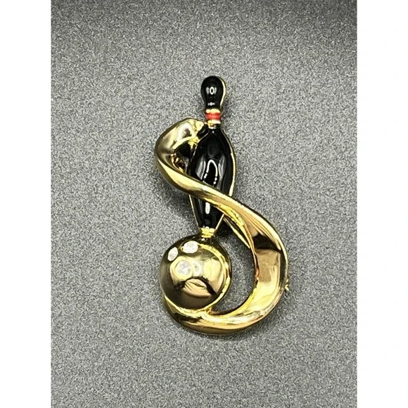 Gold-Tone & Enamel‎ Bowling Brooch Pin 2