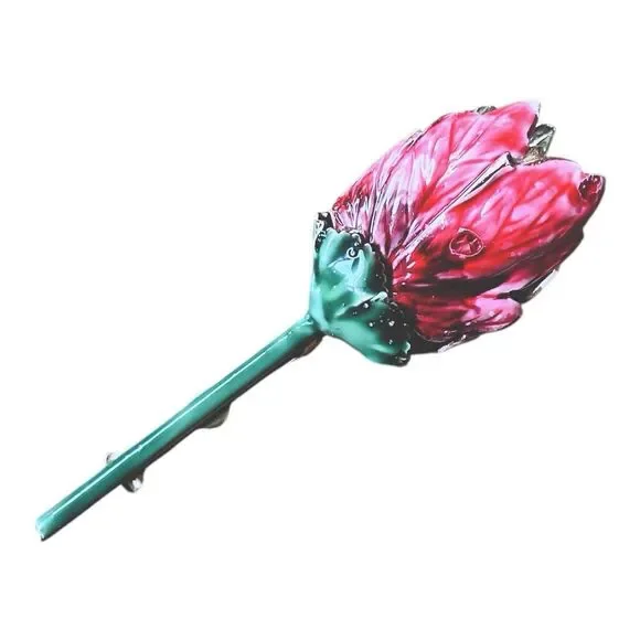 VTG Sandor Brooch Pink Enamel Flower Tulip Peony Gold Tone Mid Century Signed