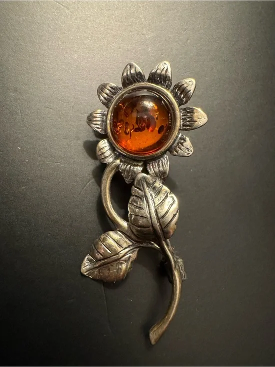 Vintage Amber Sunflower Floral Brooch