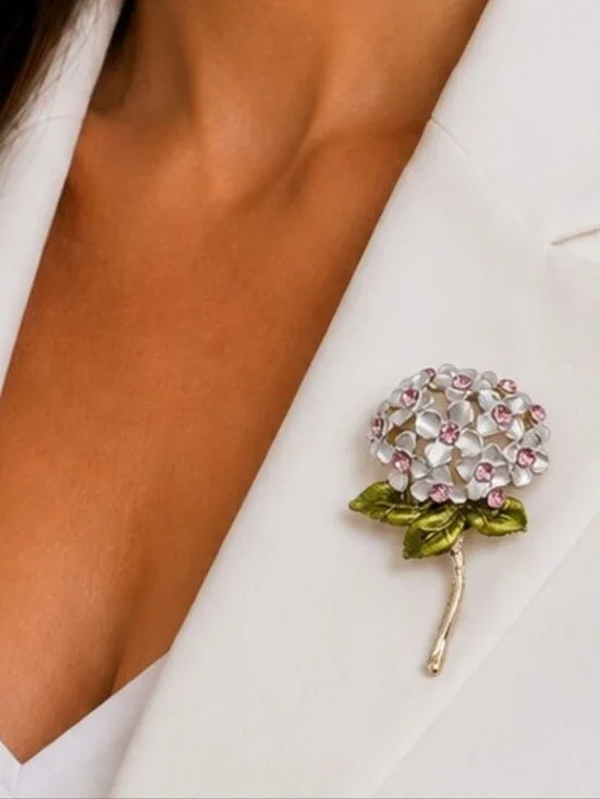 💎 Pink Crystal Hydrangea Flower Brooch Enamel Leaves Gold Tone Floral Pin