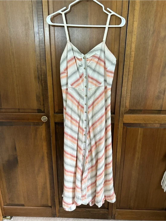Free People Striped Button-Front Midi  Sundress in Cream, Coral, and Gray