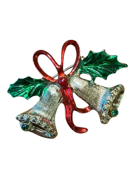Vintage Gold Tone Bell Brooch with Red Bow and Green Leaves