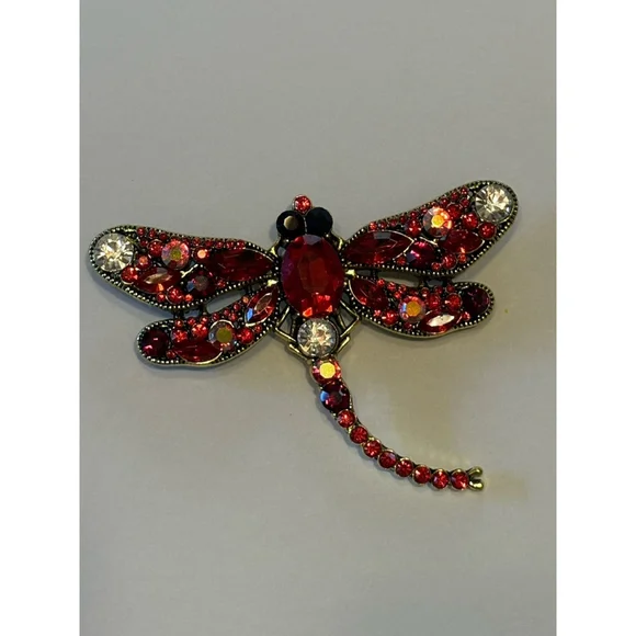 Vintage Dragonfly Brooch Ruby Glass Metal Grandma Whimsy Fairy Garden