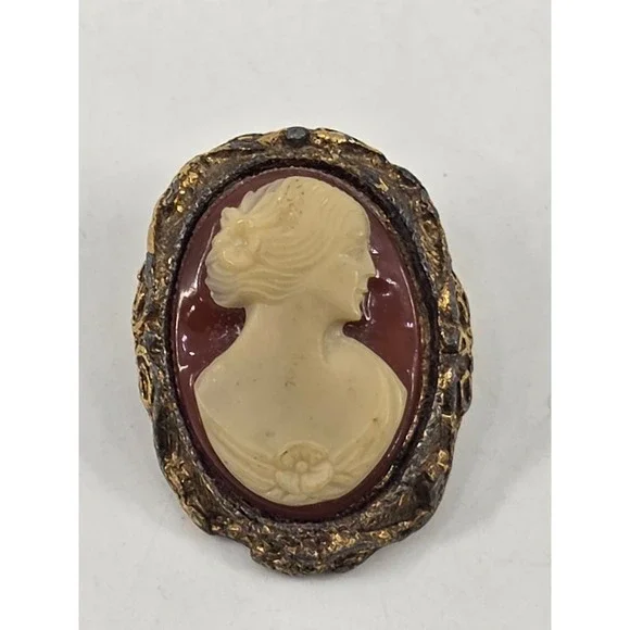 Vintage Cameo‎ Brooch Pin Gold Tone Ornate Frame Victorian Style Red Cream Woman