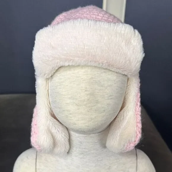 Daisy Baby Girls Toddler Crocheted Pink Aviator Hat Soft Fur 12-24 months NWT
