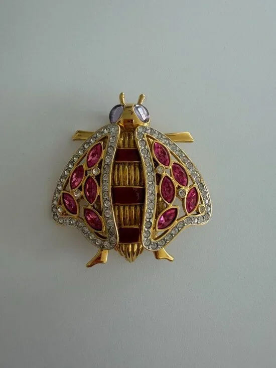 VALENTINO GARAVANI Large Vintage Pink Crystal Gold Tone Brooch Pin