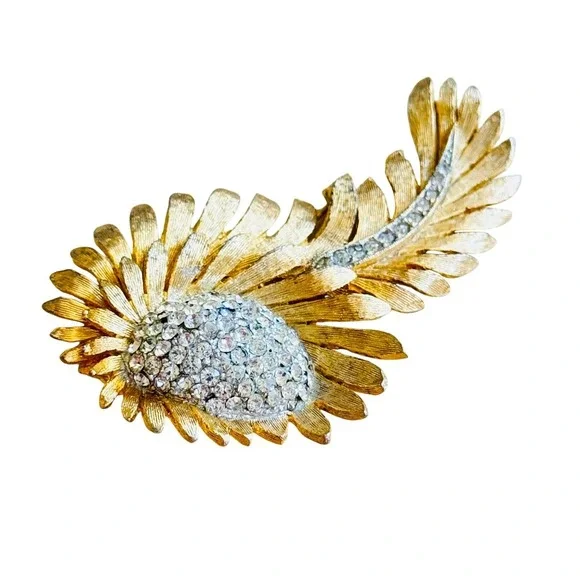 Whimsical Feather Rhinestone Brooch Pin VTG Satin Gold Pave Wave Leaf 1950s