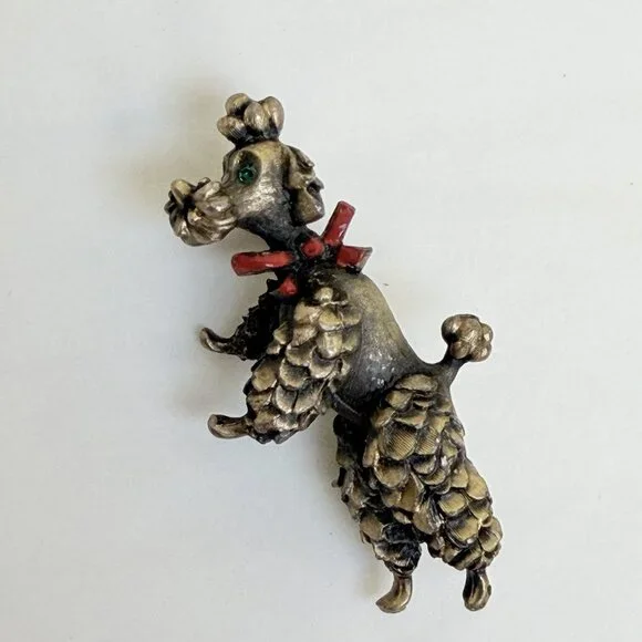 Vintage Gold Tone Poodle Brooch Pin‎ Unmarked Red Bow Green Eyes Gift Dog
