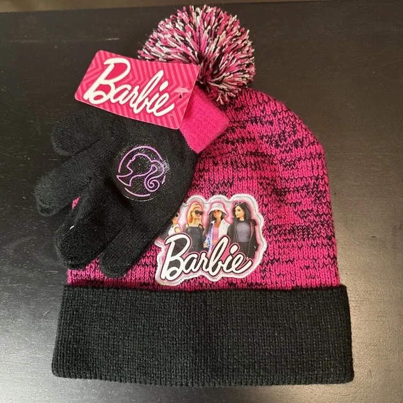 Barbie Beanie & Gloves Youth‎ Pom Pink & Black 2 Piece Set
